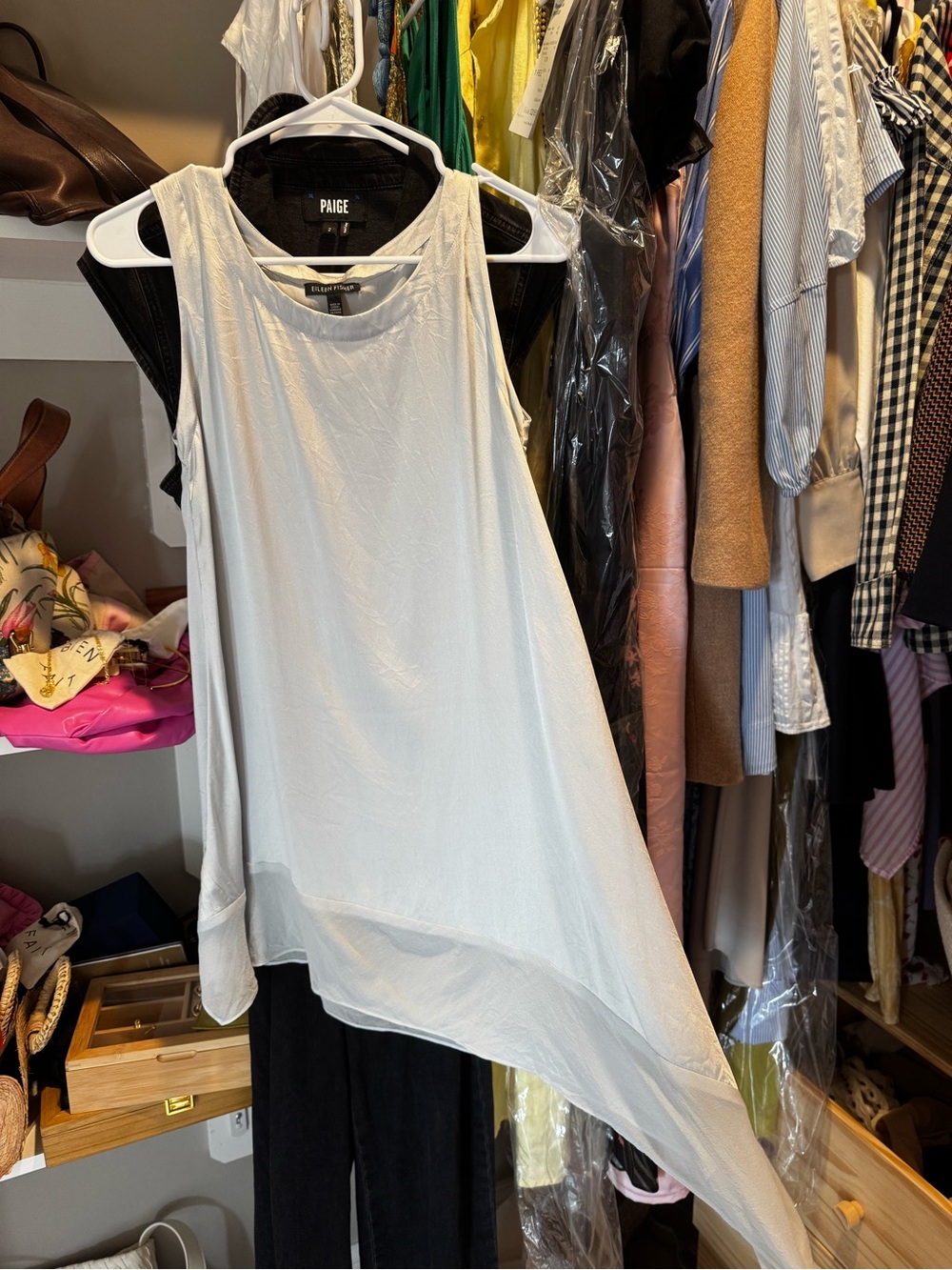 Eileen Fisher 100% Silk NWOT Light blue/silver Asymmetric top